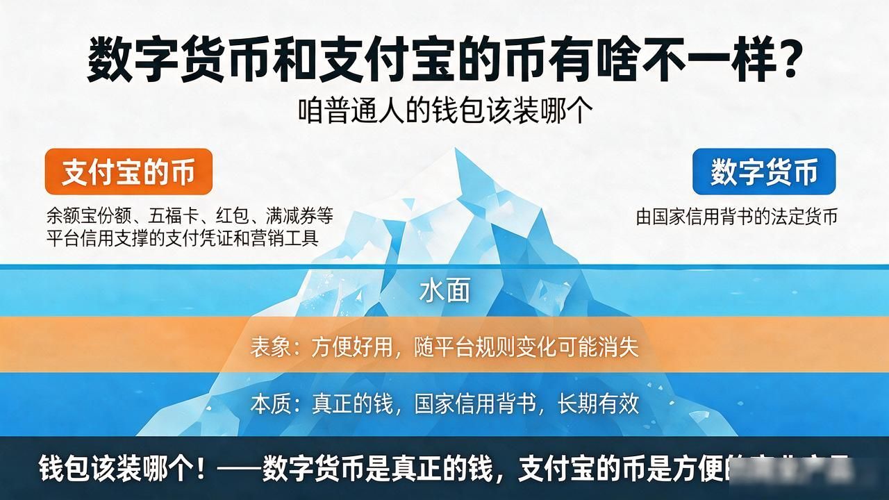 数字货币和支付宝的币有啥不一样？咱普通人的钱包该装哪个