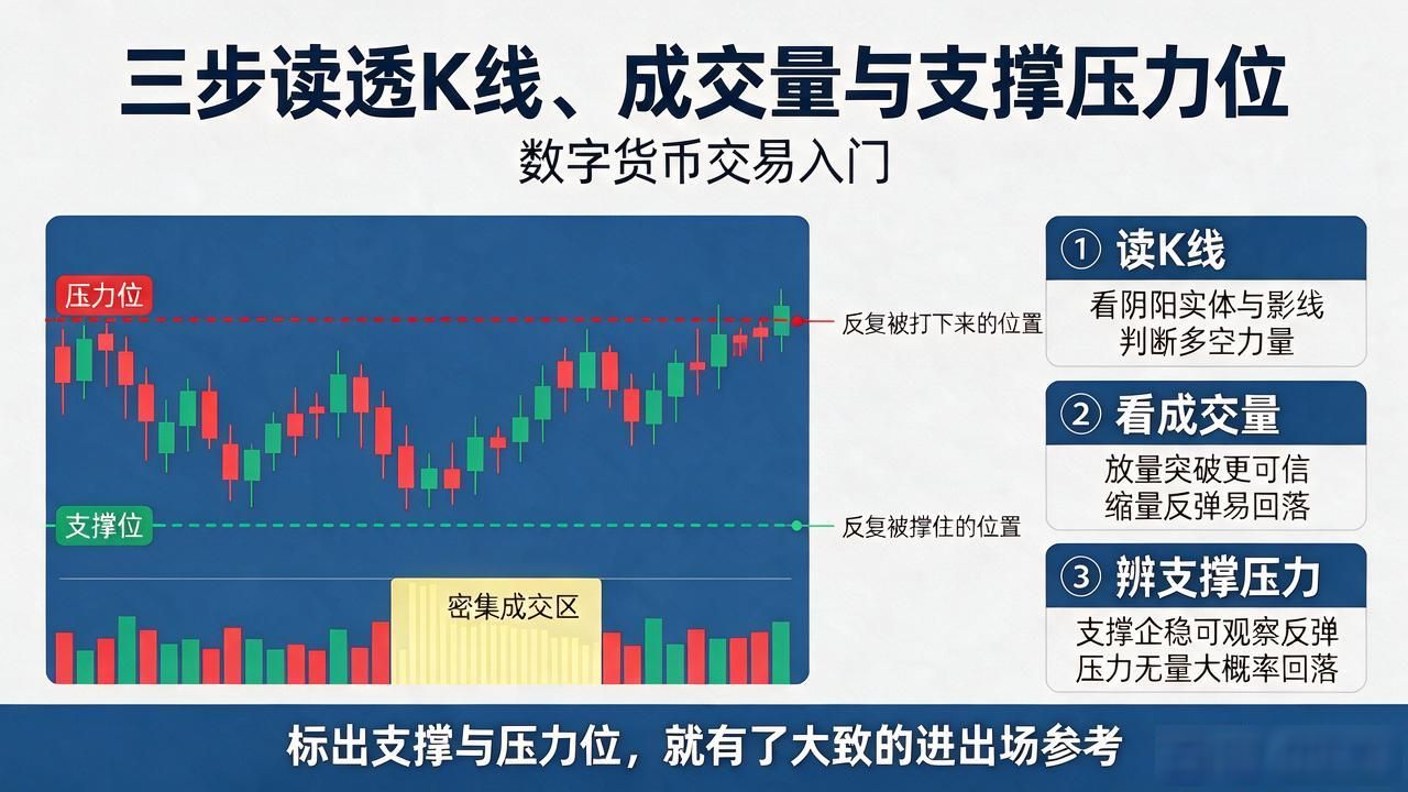 刚炒数字货币看不懂涨跌图？教你三步读透K线、成交量和支撑压力