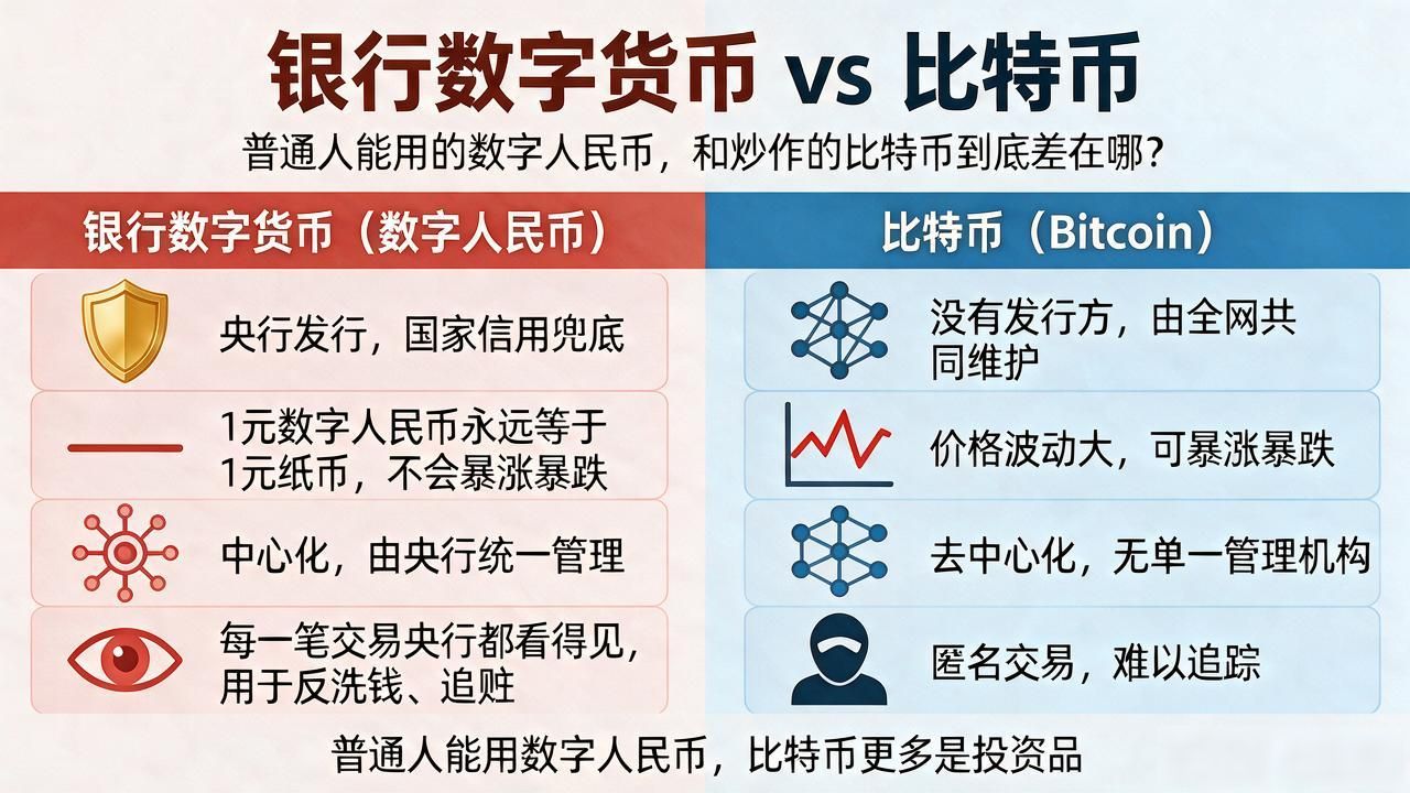 银行数字货币到底是啥？跟比特币有啥不一样，普通人能不能用